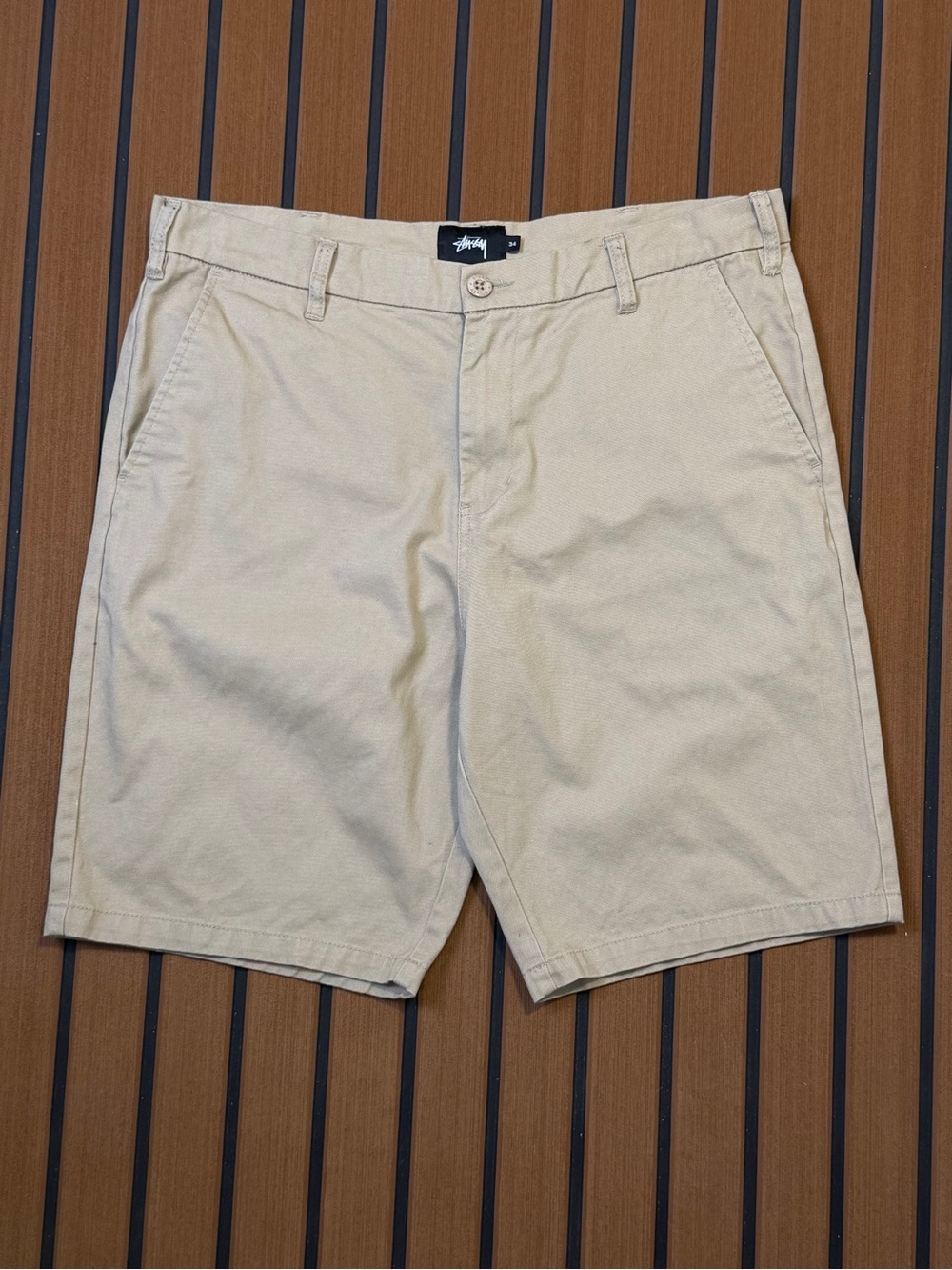 Stussy Flat Front Cotton Chino Trouser Shorts Mens W34 Khaki Tan Streetwear